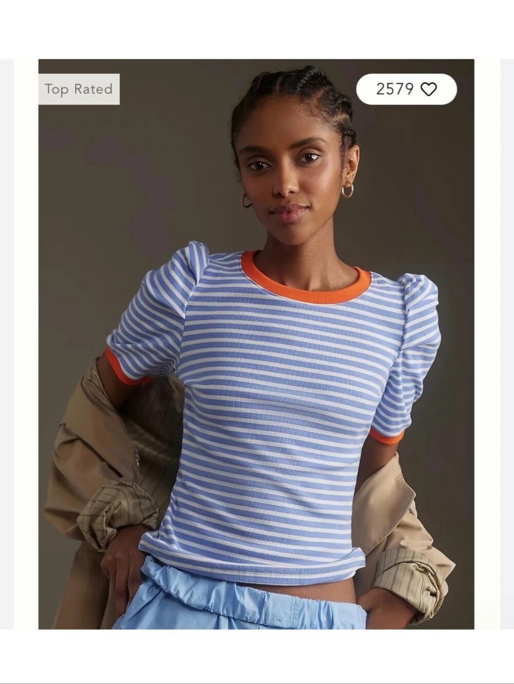 Anthropologie Maeve Puff Sleeve Striped Top Blue White Orange Size XS Boho
